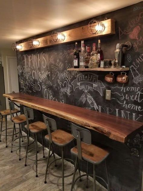 When you think of a bar, you usually think of your neighborhood bar that you hit up to watch a game or meet some friends. But what if you could have a... | Add a Chalkboard Wall for a Fun, Interactive Background #basementbar #basement #bar #homedecor #decoratedlife Home Décor, Interior, Home Bar Designs, Basement Decor, Basement Makeover, Basement Design, Home Remodeling, Basement Remodeling, Interior Designers