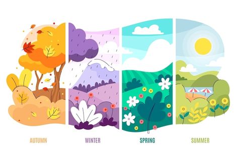 Animation, Seasons Posters, Illustrators, Seasons Art, Calendar, Vector Free, Seasons Poster, Seasons Changing Art, Illustrations