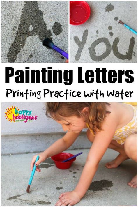 Painting letters with water is a great pre-writing activity for preschoolers and a fun way for older kids to brush up on spelling, printing and sight words over the summer. Kids can practice letters, numbers, spelling and math while getting in some water play this summer.  #HappyHooligans #SummerFun #WaterPlay #Painting #PlayBasedLearning #WritingActivities #SpellingActivities #ToddlerActivities #PreschoolActivities #OutdoorFun #OutdoorActivities #DaycareActivities #PreschoolActivities #HomeDayc Pre K, Activities For Kids, Montessori, Teaching, Art, Sight Words, Preschool Writing, Writing Activities For Preschoolers, Preschool Activities