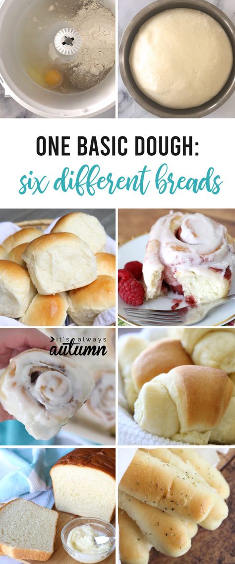One Basic Bread Dough + SIX VARIATIONS (rolls, breadsticks, cinnamon rolls, etc)! - It's Always Autumn Pasta, Biscuits, Pizzas, Sandwiches, Yeast Dough Recipe, Bread Dough Recipe, Bread Dough, Bread Maker Recipes, Bread Making Recipes