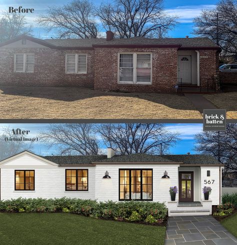 20 Painted Brick Houses to Inspire You in 2020 | Blog | brick&batten Porch Addition, Black Front Doors, Simple Geometric Designs, Stone Siding, Painted Brick, Main Entrance, Small Patio, Wall Lantern, Painted Doors