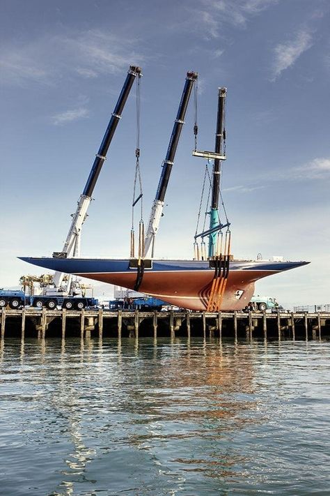 J-Class racing yacht Endeavour being lifted into the water after a refit, New Zealand [736 x 1104] : drydockporn Classic Yachts, Trips, England, Classic Sailing, J Class Yacht, Boats Luxury, Yacht Design, Yacht, Boat Design