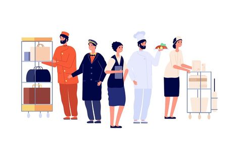 Hospitality workers. Hotel staff characters, receptionist porter maid doorman chef. Hostel team, travel and tourism vector illustration. Professional service hotel, employee and manager receptionist India, Design, Hospitality And Tourism Management, Receptionist, Hotel Worker, Hospitality Industry, Hotel Staff, Hotel Ads, Hospitality