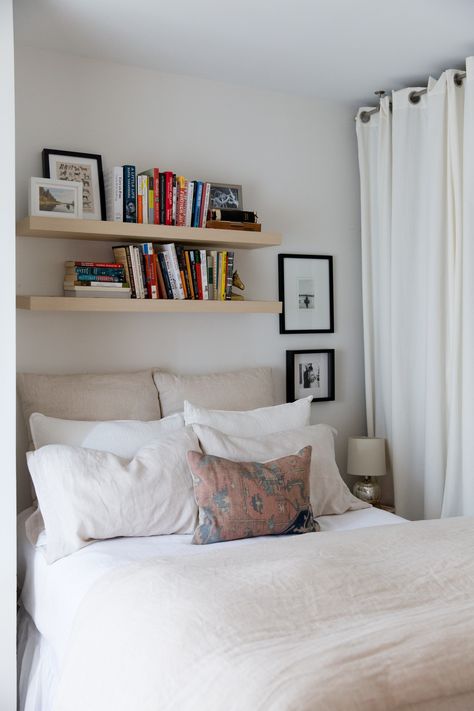 Small Space Storage Ideas from a Brooklyn Apartment | Apartment Therapy Apartment Therapy, Home, Bedroom Storage Shelves, Shelf Over Bed, Bedroom Storage, Shelves Over Bed, Floating Shelves Bedroom Above Bed, Shelves In Bedroom, Book Shelf Ideas Bedroom Small Spaces