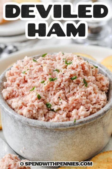 This tasty recipe for delicious and decadent deviled ham is easy to make. It has simple ingredients and can be made into a cream cheese dip, or be used as a spread or a sandwich filling. Deviled ham is a must-have recipe in any kitchen! #deviledham #deviledhamrecipe #homemade #spendwithpennies Paninis, Lunches, Apps, Dips, Casserole, Deviled Ham Recipe, Crisp Recipe, Ham Salad, Ham Salad Recipes