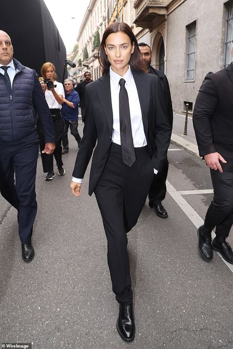Irina Shayk joins Cate Blanchett and Alessandra Ambrosio at the Georgio Armani show | Daily Mail Online Costume, Black And White Suit, Styl, Women, Armani Women, Poses, Girl Tux, Giyim