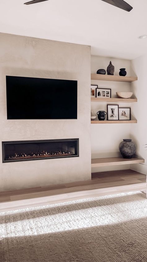 Modern Electric Fireplace, Concrete Tv Wall, Fireplace Tv Wall, Linear Fireplace, Concrete Fireplace Surround, Fireplace Tv, Fireplace In Wall, Fireplace Shelves, Contemporary Fireplace