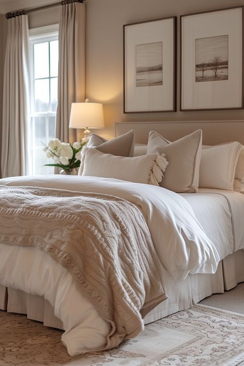 Embrace a minimalist appeal with these beige and white bedroom ideas, perfect for those who love a sleek and modern look. Home, Beige Bedding, Gray And Beige Bedroom, Beige And White Bedroom Ideas, Bedroom Color Schemes, Cream Bedroom Ideas, Beige Bed, Beige And White Bedroom, Beige Bedrooms