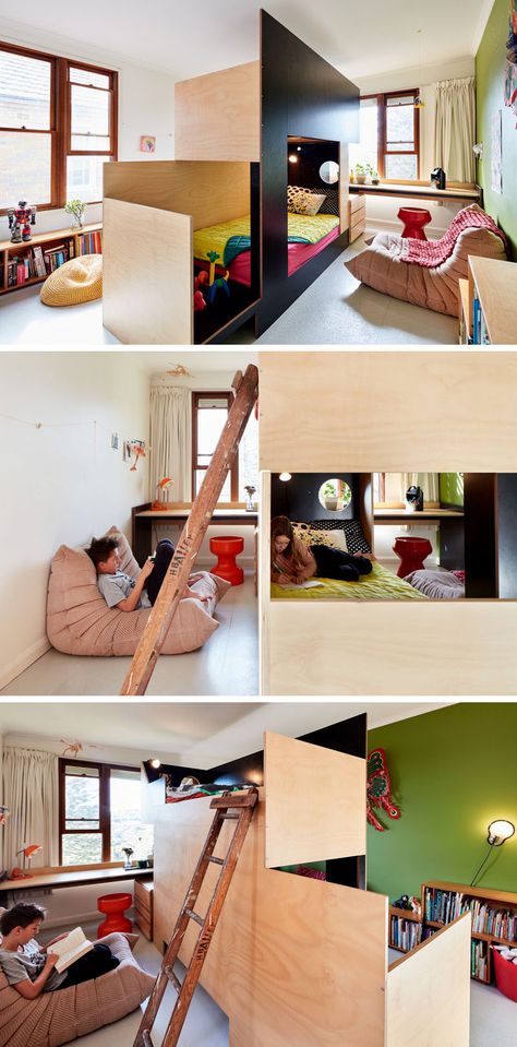 MAKE have collaborated with Tanguy Le Moing to create a bunk bed that splits the bedroom in two, creating a separate space for each child. #BunkBed #ModernBedroom #KidsBedroom Bunk Beds, Bunk Beds With Stairs, Bunk Beds Small Room, Bunk Bed Designs, Kids Bunk Beds, Bunk Bed Wall, Custom Bunk Beds, Kids Shared Bedroom, Loft Bed