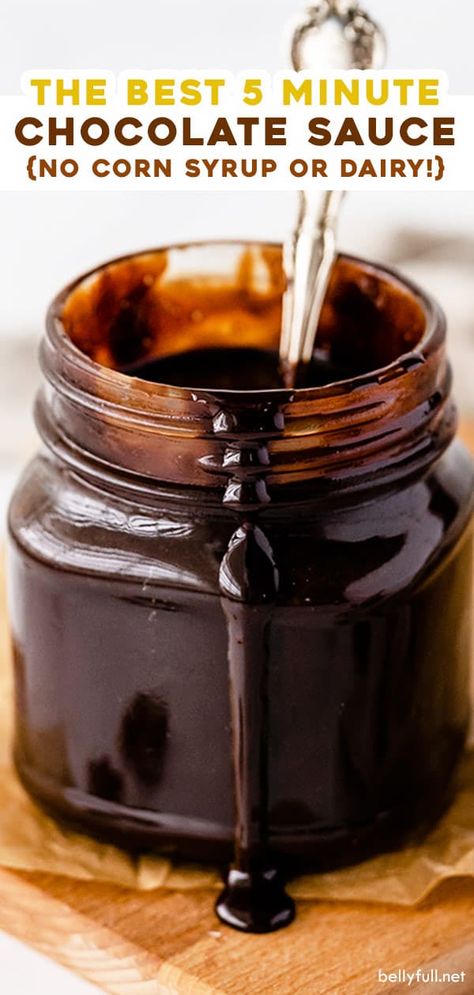 This is the best simple Homemade Chocolate Sauce recipe! Made with cocoa powder (and no corn syrup or dairy!) and tastes better than Hershey's! It's incredibly quick and easy to make - whip up a batch in only 5 minutes and then drizzle it on ice cream, cake, fruit, or all your favorite desserts! Chocolates, Desserts, Dessert, Homemade Chocolate Sauce, Homemade Chocolate Syrup, Chocolate Syrup Recipes, Ice Cream Sauce, Chocolate Syrup, Chocolate Sauce Recipes