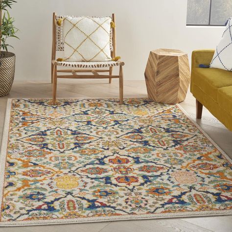 Warm and colorful floral area rug brings a relaxed bohemian vibe Home Office, Design, Orange Rugs, Home Décor, Oriental, Orange Area Rug, Blue Area Rugs, Floral Area Rugs, Colorful Rugs