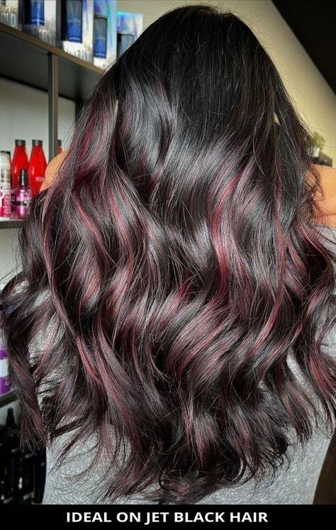 Ask for this marvelous ideal on jet black hair for the ultimate inspiration! See all of the details for this look by tapping Visit and you'll also see the remaining 15 most stylish black hair with red highlights for a spectacular new style. // Photo Credit: @hair.by.laura.wojcik on Instagram Balayage, Dark Brown Hair With Burgundy Lowlights, Burgundy Brown Hair, Red Balayage Hair, Red Balayage Highlights, Burgundy Hair Highlights, Burgundy Hair With Highlights, Dark Red Highlights In Brown Hair, Black Hair With Red