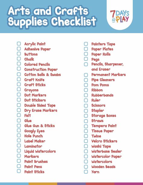 Art Supply List - A Comprehensive Guide - 7 Days of Play Craft Room Supplies List, Art Materials List, Painting Supplies List, Room Crafts, Art Supplies List, Infant Room, Marker Crafts, Sensory Crafts, Drawing Accessories
