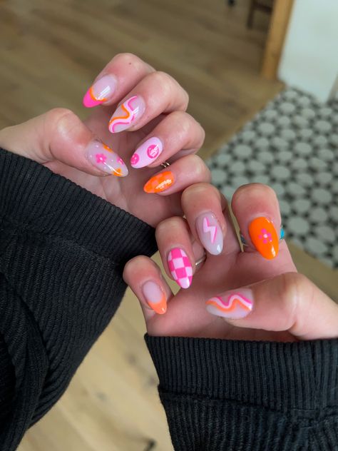 Manicures, Pink, Bright Summer Nails, Bright Orange Nails, Checkered Nails, Orange Nail Designs, Bright Acrylic Nails, Orange Nail Art, Pink Acrylic Nails