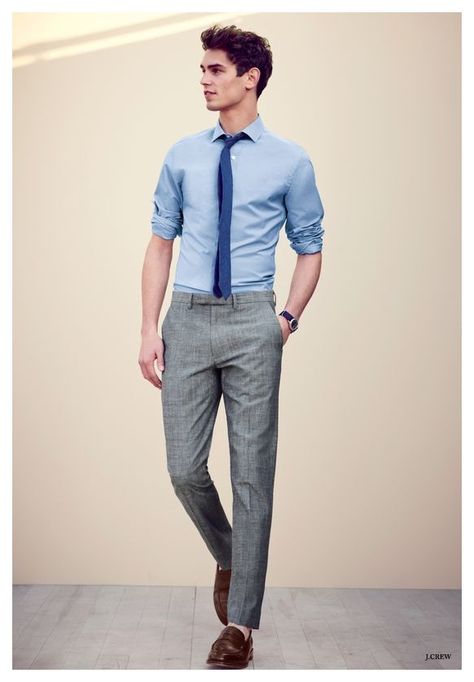 J.Crew February 2015: blue shirt, slim tie and grey pants #style Men's Fashion, Men Casual, Casual, Model, Mens Fashion, Mens Outfits, Classy Men, Giyim, Mens Fashion Suits