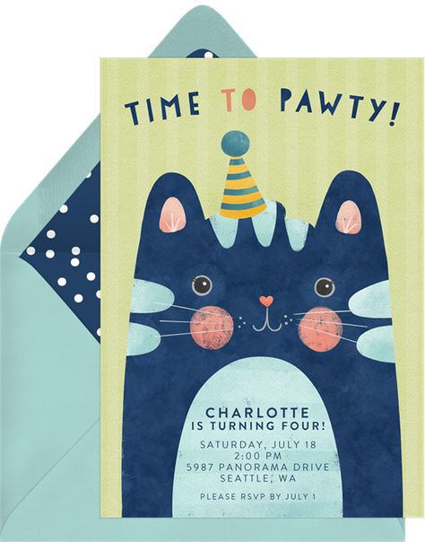 Time To Pawty Invitation in Blue Invitations, Posters, Cat Birthday Party Invitations, Cat Birthday Invitations, Cat Birthday Party, Birthday Invitations Kids, Birthday Party Invitations, Birthday Invitations, Birthday Party Themes