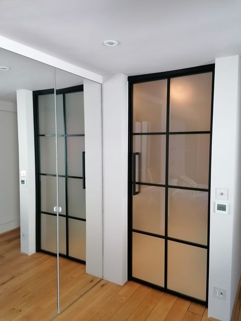 High-quality black glass doors with privacy glass are a stylish option for any bathroom door Interior, Sliding Glass Door Bathroom, Sliding Bathroom Doors, Sliding Bathroom Door, Sliding Bathroom Door Ideas, Sliding Door For Bathroom, Glass Door Bathroom, Glass Doors Interior, Interior Glass Doors Ideas