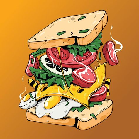 Food Art, Retro, Illustrations Posters, Kawaii, Food Illustration Design, Food Illustration Art, Sandwich Drawing, Food Graphic Design, Illustration Food