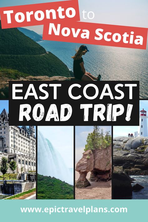 An epic Toronto to Nova Scotia road trip with a MAP through East Coast Canada. SO many travel ideas for your bucket list, with things to do and places to stay. Spectacular nature. Beautiful towns and cities like Quebec City and Montreal. Travel destinations include Niagara Falls, Prince Edward Island and Newfoundland. The BEST of Canada travel! Quebec City, Wanderlust, Camping, Vancouver, Canada, East Coast Canada, East Canada Road Trip, Atlantic Canada, East Coast Travel