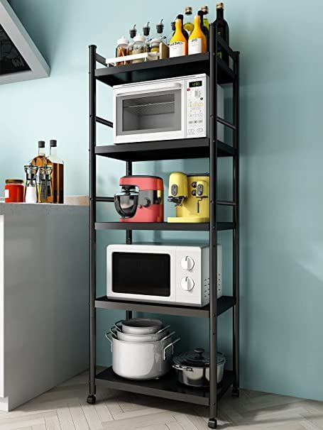 Denkee 5-Tier Kitchen Baker's Rack, Heavy Duty Free Standing Baker's Rack for Kitchens Storage with Rolling Wheels, Upgraded Industrial Microwave Oven Stand Rack (23.6 L x 14.6 W x 53.1 H) Kitchens Storage, Heavy Duty Storage Shelves, Microwave Shelf, Metal Storage Shelves, Kitchen Shelves Organization, 4 Tier Shelf, Baker's Rack, Microwave Stand, Outside Storage