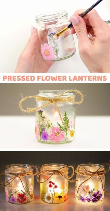 This pressed flower craft is SO PRETTY! Make your own pressed flower lanterns that are beautiful, and really easy to put together. With a bit of mod podge and dried flowers you have a gorgeous candle holder that’s super inexpensive to make. These make for wonderful gifts for just about any occasion! They are especially nice for moms, grandmas, and aunts for birthdays and other special occasions. Diy, Home-made Candles, Crafts, Diy Artwork, Crafts With Glass Jars, Pressed Flower Crafts, Dried Flowers Crafts, Pressed Flower Candles, Diy Flowers