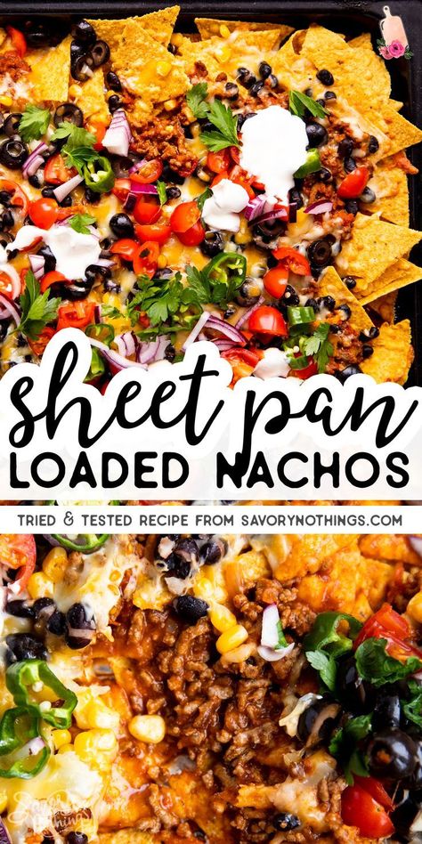 Are you ready for the big game? These Sheet Pan Nachos are positively loaded with beef, cheese, salsa, olives and more! They are so easy to pull together in just 15 minutes and make for a total crowd… More Dips, Dessert, Snacks, Healthy Recipes, Desserts, Guacamole, Taco Nachos Ground Beef, Nacho Appetizer, Loaded Nachos