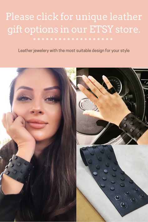Leather jewelery with the most suitable design for your style #leather #leatherbracelet #leathercuff #leatherfashion Leather Cuff Diy, Leather Cuff Bracelet Diy, Cuff Bracelets Diy, Leather Bracelet Tutorial, Black Cuff Bracelet, Black Leather Cuff Bracelet, Leather Wrist Cuff, Leather Wristband, Diy Leather Bracelet
