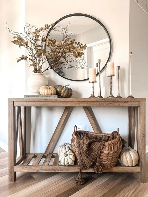 35 stunning fall decor ideas to make your entryway elegant and cozy. Welcome autumn with open arms. Decoration, Thanksgiving, Inspiration, Home Décor, Diy, Pottery Barn, Fall Console Table Decor, Fall Entryway Table Decor Farmhouse, Fall Entryway Table Decor