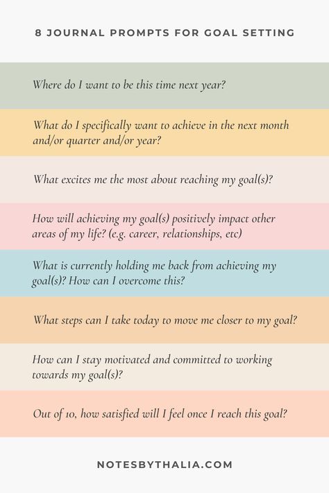 8 journal prompts for goal setting infographic with black italic text and coloured rectangles. Glow, List Of Goals, How To Write Goals, Daily Journal Prompts, How To Set Goals, Self Improvement Tips, How To Stay Motivated, Morning Journal Prompts, Mindfulness Journal Prompts