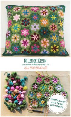 Millefiori Kissen – das Häkelkabinett Crochet, Crochet Squares, Crochet Afghans, Knitting, Sewing Projects, Crochet Motif, Scrap Yarn Crochet, Cushion Pattern, Crochet Cushion Cover