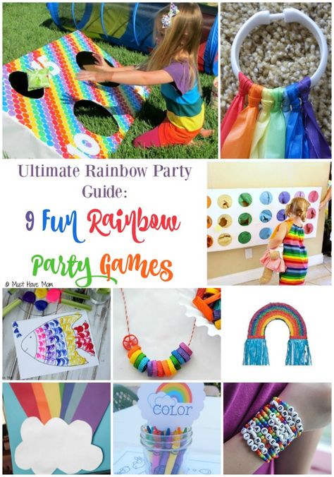 Ultimate Rainbow Party Theme Guide: 9 Fun Rainbow Party Game Ideas & Activities. These rainbow games are perfect for a rainbow party! DIY or buy depending on what you have time for! Rainbow Party Games, Rainbow Themed Birthday Party, Rainbow Theme Party, Rainbow Parties, 6th Birthday Parties, 4th Birthday Parties, Birthday Party Games, Birthday Party Activities, Rainbow Party Food