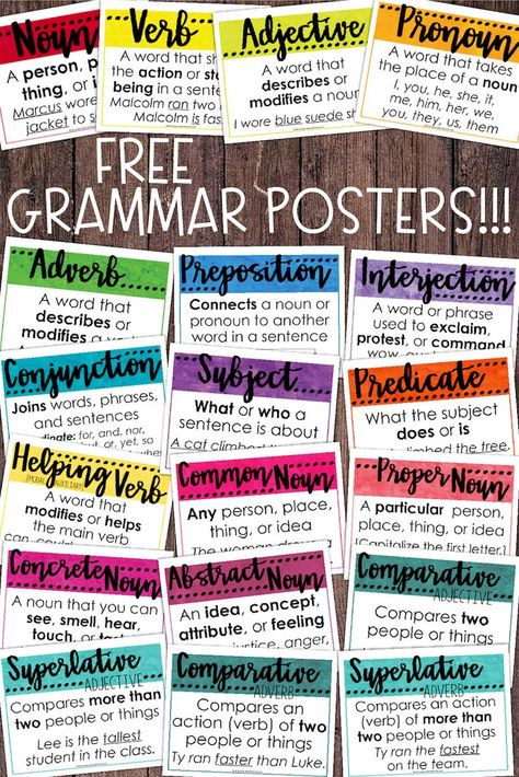 FREE grammar posters for your classroom. Check out my latest blog post to grab these posters, and find out how you can use these with your students. via @teacherthrive Free Grammar Posters, Grammar Posters, 7th Grade Ela, 5th Grade Writing, 4th Grade Writing, 6th Grade Ela, Ela Classroom, 5th Grade Classroom, Language Arts Classroom
