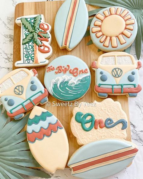 The Big one theme for first birthday. Surfboards, be vintage van and waves on a cookie set for a fun celebration. Custom cookies 1st birthday Ideas, Surf Birthday Party, Surf Birthday, First Birthday Cookies, Birthday Themes For Boys, Birthday Theme, 1st Birthday Party Themes, Summer Birthday Themes, Birthday Party