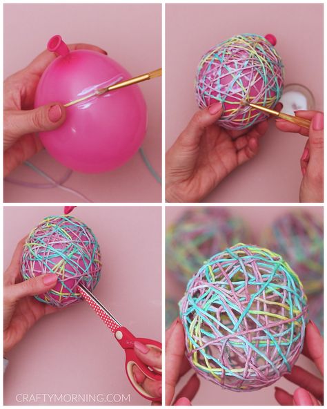 How to Make Balloon Yarn Easter Eggs Decoration, Fimo, Easter Crafts, Easter Basket Diy, Easter Crafts Diy, Easter Egg Crafts, Easter Garland, Yarn Easter Basket, Easter Eggs Diy