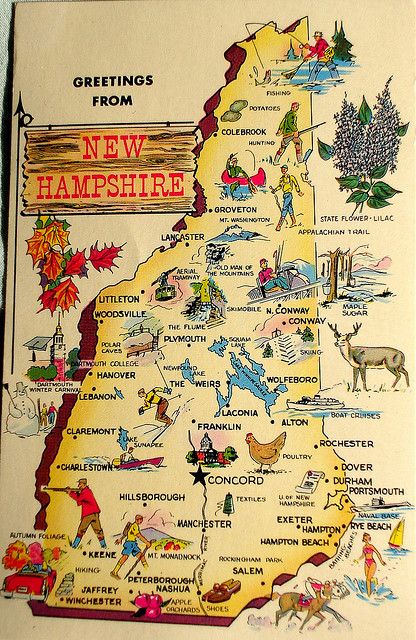Greetings from New Hampshire map postcard Exeter, Trips, England, New Jersey, Vintage Travel, New England States, New England Travel, New England, North Dakota