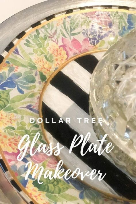 Let's give a glass plate from Dollar Tree upscale MacKenzie Childs inspired makeover. Glass napkin decoupage. Dollar Tree home decor diy. How to paint on the glass. Dollar Tree glass plate diy Just That Perfect Piece Pound Shop Crafts, Diy, Decoupage, Home Décor, Crafts, Charger, Ideas, Interior, Dollar Tree Diy