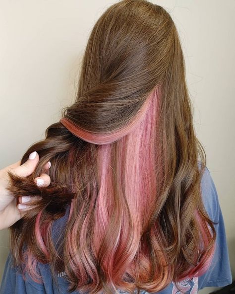 17 Brown Hair Ideas With Black, Blue, Pink and Purple Underneath Balayage, Pink, Brown Hair Colors, Brown And Pink Hair, Brown Hair Pink Highlights, Brown Hair With Pink Highlights, Light Pink Hair, Brown Hair Underneath, Brown Ombre Hair