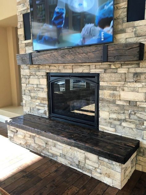 Fireplace Hearth Stone, Fireplace Hearth, Reclaimed Wood Fireplace, Wood Mantle Fireplace, Fireplace With Wood Mantle, Reclaimed Wood Mantle, Rustic Fireplace Mantle, Rustic Fireplace Mantels, Brick Fireplace Makeover