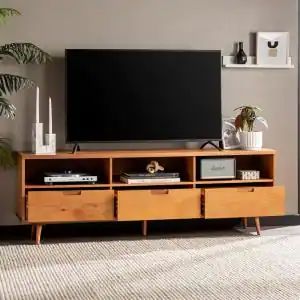 70 in. Caramel Solid Wood Boho Modern 3-Drawer TV Stand Fits TVs up to 80 in. Flat Screen, Television, Electronic Products