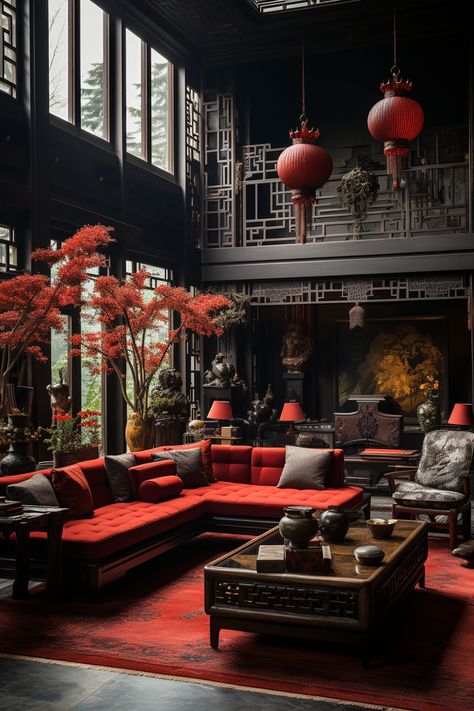 A two-story traditional Chinese interior style house with red and dark wood accents. This is an AI artwork made with Midjourney. Modern Chinese House Interior, Modern Chinese House, Modern Chinese Home, Traditional Modern Interior Design, Modern Chinese Interior Design, Modern Chinese Interior, Modern Chinese Furniture, Asian House Interior, Modern Asian Interior Design