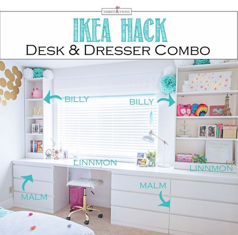 IKEA Hack - Custom Desk & Dresser Combo | TIDBITS&TWINE Ikea Hacks, Ikea, Ikea Desk Hack, Ikea Built In, Ikea Desk, Desk Dresser Combo, Ikea Hack Kids, Ikea Bedroom, Ikea Hack