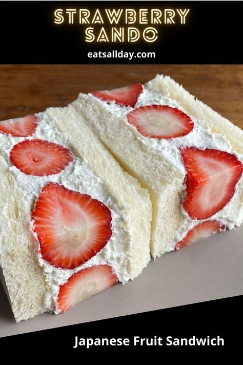 Strawberry sando on a gray plate Sandwich Recipes, Fruit, Foods, Sandwiches, Desserts, Japanese Deserts, Japanese Food, Yummy, Fruit Sandwich