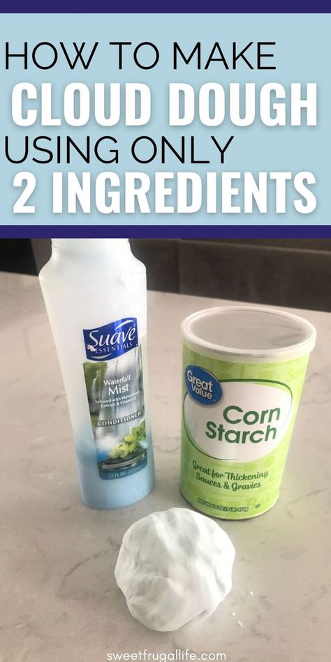 hair conditioner and corn starch and a ball of cloud dough on counter top Cloud Dough, Homemade Playdough Recipe, How To Make Clouds, Dough, Cloud Dough Recipes, Playdough Recipe, Homemade Playdough, Easy Indoor Activities, Playdough Activities