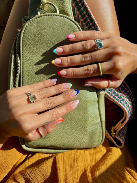 Colourful almond shape, french tip nails, summer nail inspiration Acrylics, Casual, Nail Color Combos, Nail Colors, Nail Inspo, Nail Tips, Nice Nails, Nails Design, Colored Nail Tips
