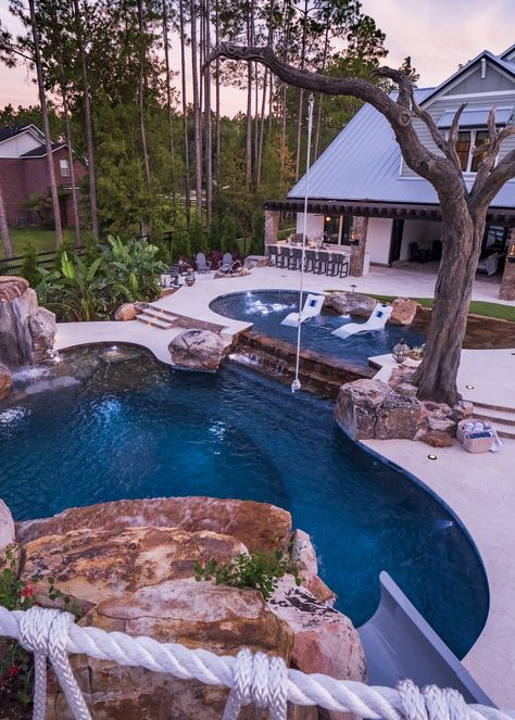 Outdoor, Pool With Pool House, Pool And Pool House Ideas, Pool Houses Ideas Backyards, Pool With Waterfall, Pools Backyard Inground, Pool Houses, Pool And Deck Ideas, Dream House Pool Backyards