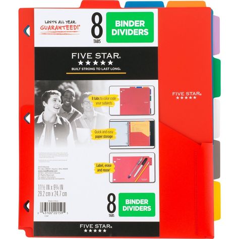 LASTS ALL YEAR. GUARANTEED! Five Star Binder Dividers have eight color-coded tabs that make it easy to organize papers by subject and quickly navigate to each section. The assorted color tabs are 3-hole punched, so they fit easily into your favorite 3-ring binder. Each divider has a horizontal pocket to store loose sheets and handouts up to 8 1/2" x 11". The write on/wipe off surface means you can label each tab, erase and re-use. Organizing Paperwork, Binder Dividers, Divider Tabs, Organization Hacks, Digital File Organization, Planner Binder, Binder, Home Binder, Office Organization