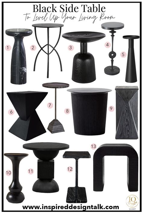 13 Modern Black Side Table Styles That Are Perfect No Matter Your Style Or Budget • Inspired Design Talk Ideas, Black Side Table Living Room, Black Modern Side Tables, Black Accent Table, Black Side Table, Black End Tables, Black Marble Side Tables, Marble Side Table Living Room, Accent Side Table