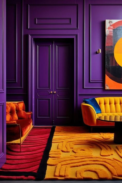 Purple Living Room Ideas, Purple Interior Design, Dark Blue Rooms, Red Interior Design, Purple Furniture, Blue Interior Design, 80s Interior, 70s Interior, Yellow Bedding