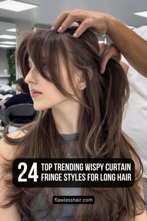 24 Top Trending Wispy Curtain Fringe Styles For Long Hair Long Layered Hair, Balayage, Long Hair Styles, Haar, Long Hair Cuts, Long Dark Hair, Long Hair With Bangs, Hair Cuts, Capelli