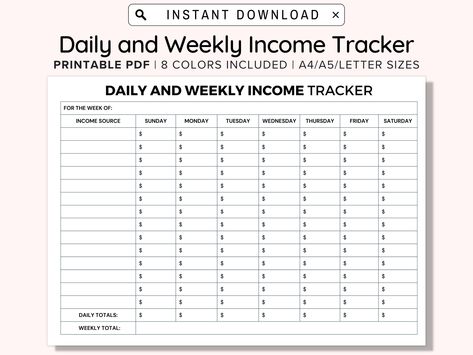 Printable Daily and Weekly Income Tracker, Income Tracker Printable, Small Business, Earnings Worksheet PDF Undated Blank, A4/A5/Letter Planners, Weekly Budget, Budget Planner, Expense Tracker, Spreadsheet Template, Business Tracker, Income, Paying Bills, Inventory Management
